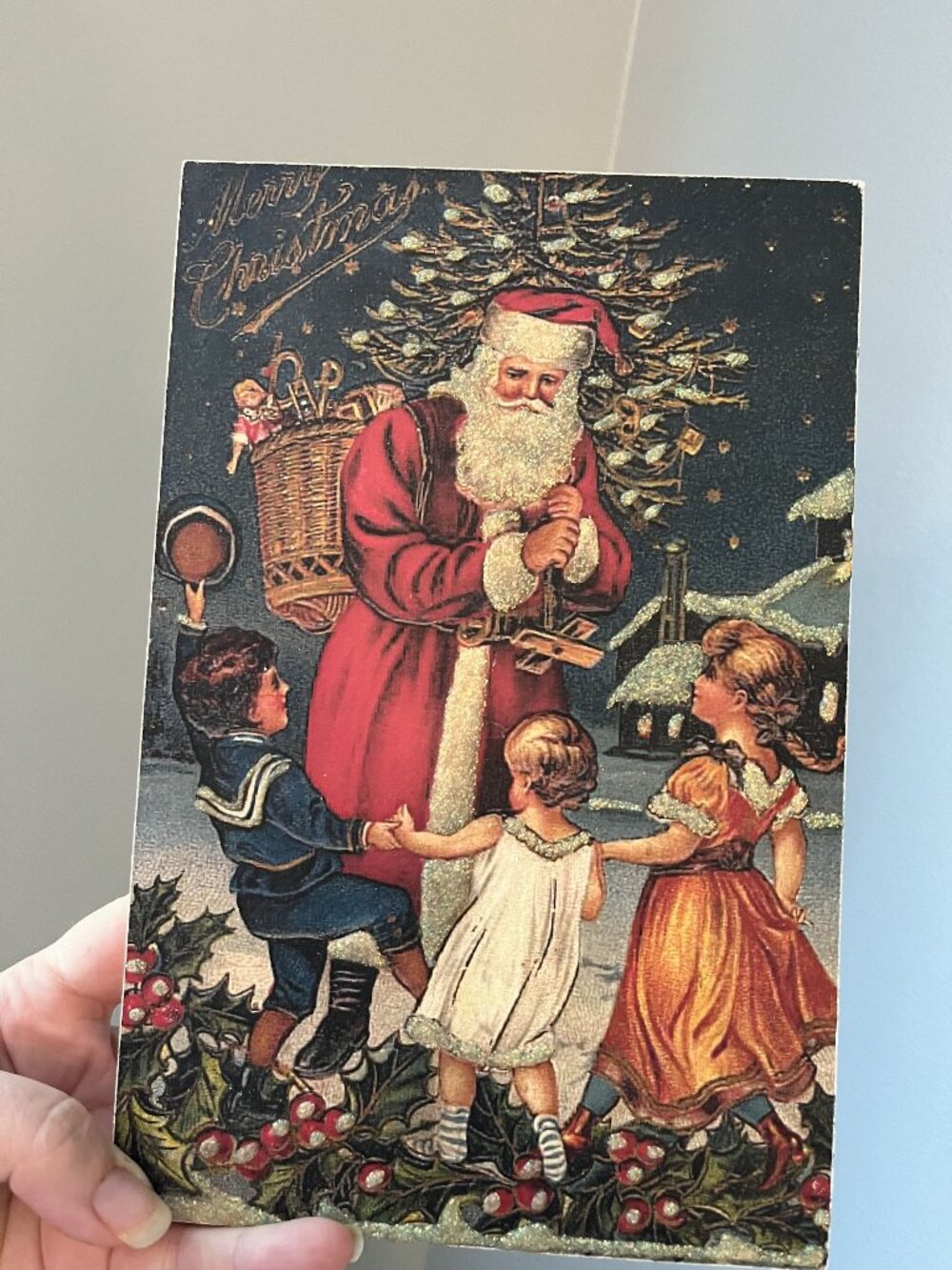 Vintage Glittered Victorian Christmas Plaque With Santa & Children 9"x7" Festive